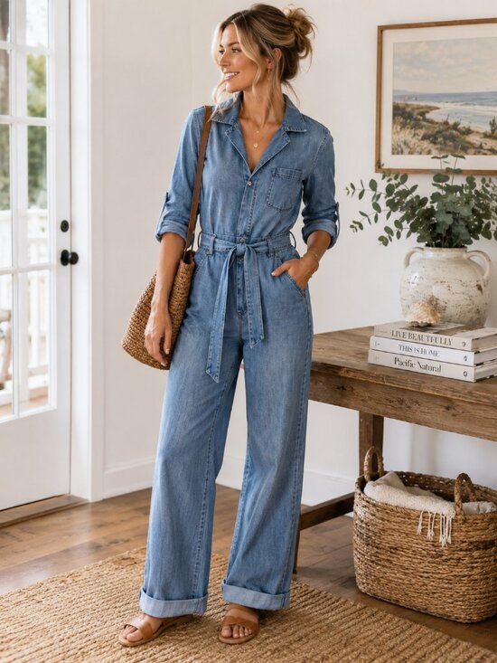 &Denim Pants - &Denim Chambray Belted Wide Leg Jumpsuit Women's Medium Button Front Sz 8